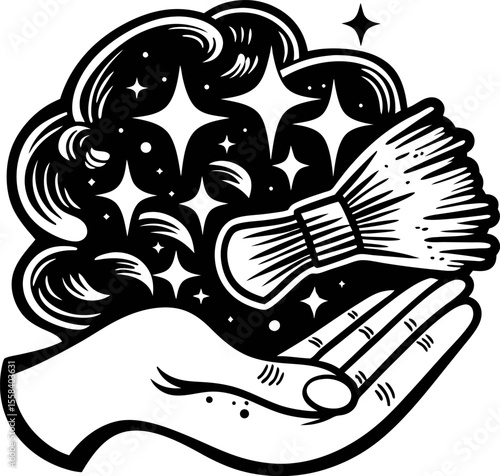 Hand holding shaving brush with sparkling foam, black and white vintage barbershop illustration
