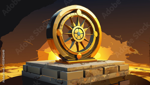 The Dharma Wheel sits atop a stone pedestal, its spokes aged with time, golden under fading sun. Nearby, a Yin-Yang symbol carved into polished black-and-white marble reflects ambient light, balancing