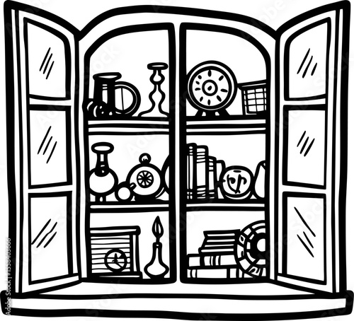 Hand drawn vintage cupboard with shelves filled with old fashioned dishes, clock, books, and curiosities