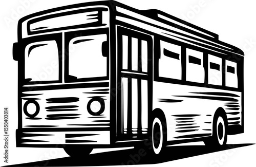 Vintage engraved illustration of a classic city bus in monochrome