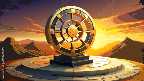 The Dharma Wheel sits atop a stone pedestal, its spokes aged with time, golden under fading sun. Nearby, a Yin-Yang symbol carved into polished black-and-white marble reflects ambient light, balancing