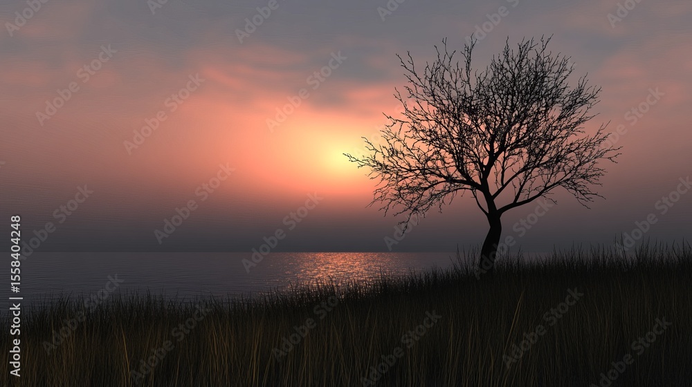 Fototapeta premium Serene sunset landscape featuring a solitary, leafless tree silhouetted against a vibrant, colorful sky over calm water