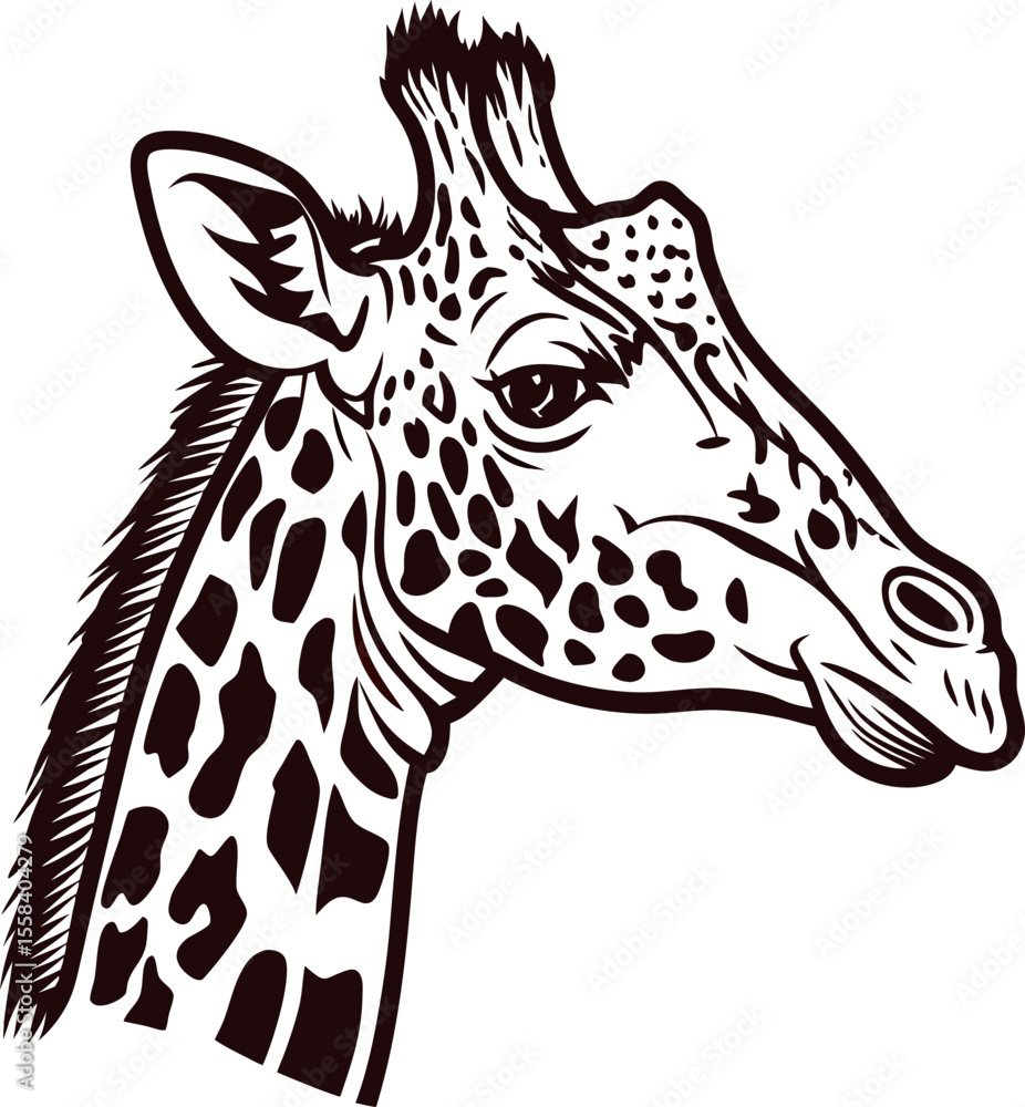 Naklejka premium Detailed hand drawn illustration of a giraffe head in profile with intricate line art and animal pattern