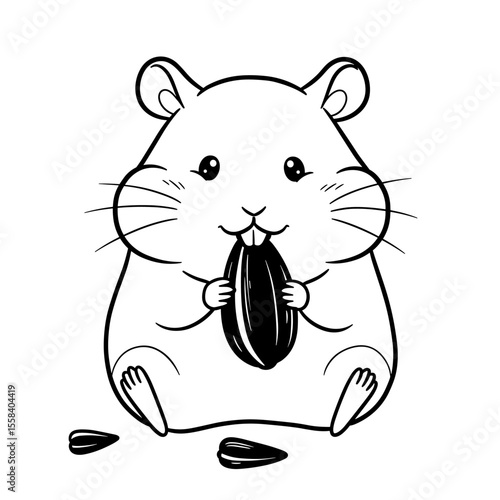 A cheerful cartoon hamster clutches a sunflower seed with puffed cheeks and wide eyes, surrounded by a couple more seeds on the ground.