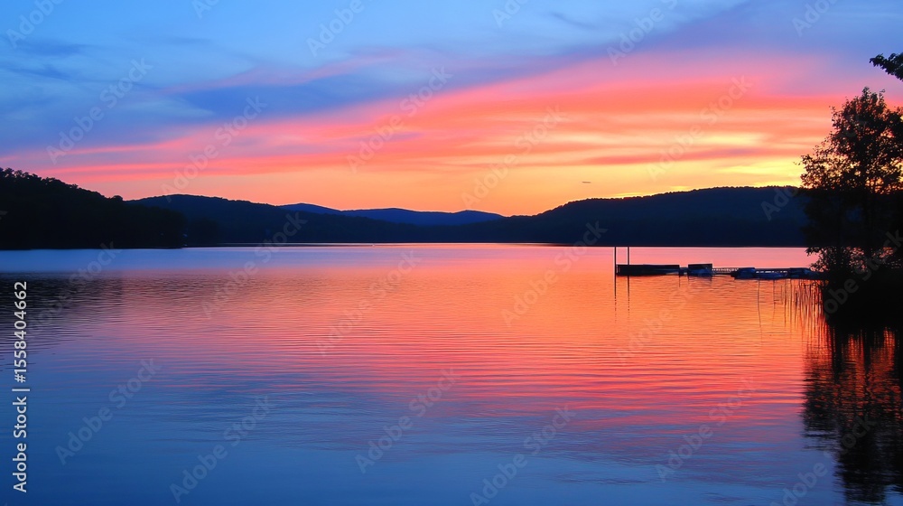 Serene sunset over a calm lake, reflecting vibrant colors across the still water, mountains in the background, a peaceful dock Serene sunset over a calm lake, reflecting vibrant colors across the still water, mountains in the background, a peaceful dock