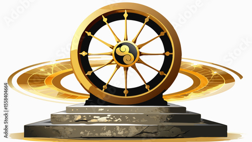 The Dharma Wheel sits atop a stone pedestal, its spokes aged with time, golden under fading sun. Nearby, a Yin-Yang symbol carved into polished black-and-white marble reflects ambient light, balancing