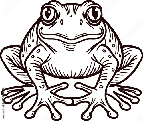 Detailed hand drawn black and white frog illustration with wide eyes and splayed legs, mascot
