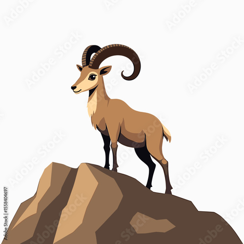 Majestic Ibex Standing Proudly on a Rocky Peak Illustration, Depicting Wildlife and Mountain Scenery