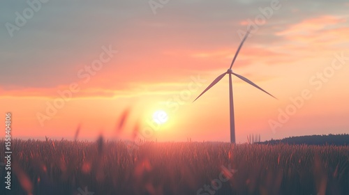 Serene sunset over a field with a wind turbine.  Golden hour light bathes the landscape, showcasing renewable energy's integration with nature