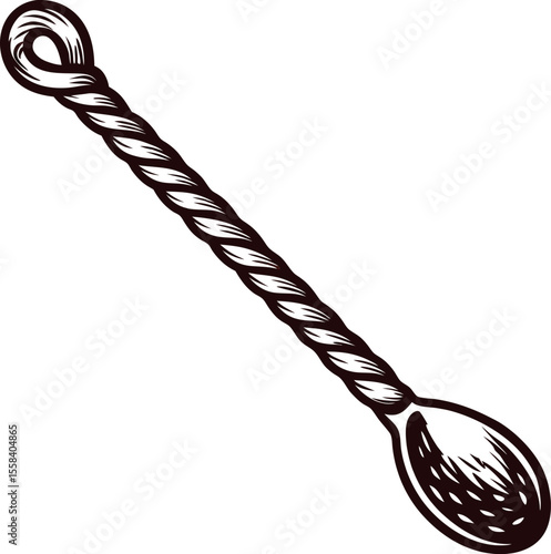 Vintage hand drawn twisted metal spoon with textured bowl engraved kitchen utensil illustration isolated on white