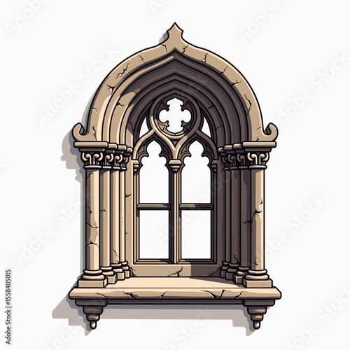 Ornate Gothic Stone Window Frame with Arched Top and Cross Detail, Architectural Illustration