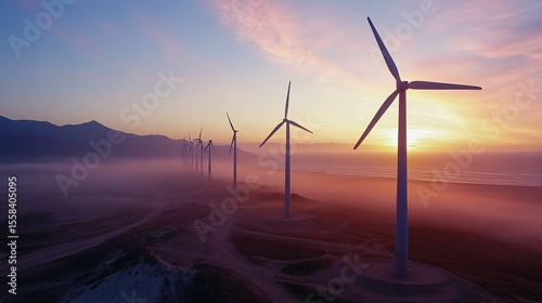 Serene sunset over a row of wind turbines in a misty landscape