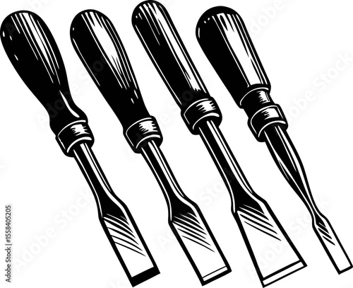 Vintage hand drawn wood chisels set engraved illustration of four woodworking tools with wooden handles