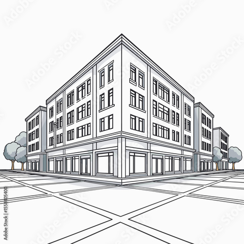 Line Art Illustration of a Corner Building with Storefronts and Apartments in Perspective View
