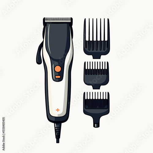 Illustration of Electric Hair Clipper with Combs for Hair Cutting and Grooming, Home Barber Kit