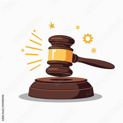Illustration of a Wooden Gavel and Sound Block with Golden Accents for Legal or Auction Concepts