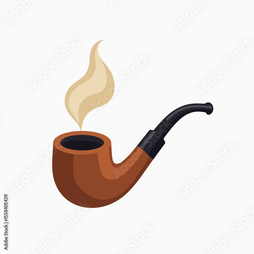Illustration of a Brown Wooden Smoking Pipe with Smoke on a White Background, Tobacco Product