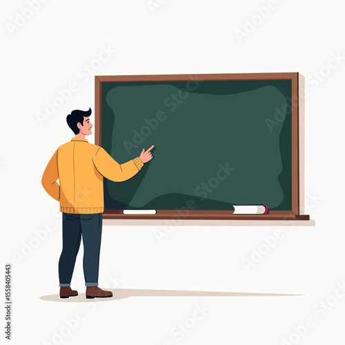 Illustration of a Teacher Pointing at a Blank Chalkboard in a Classroom Setting, Ready for Educational Content