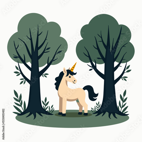 Cartoon Unicorn Standing in a Forest Glade with Tall Trees and Green Foliage Flat Vector Illustration