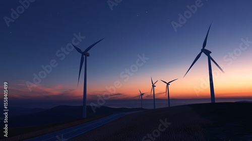Serene sunset over a wind farm atop rolling hills, with a road winding through the landscape
