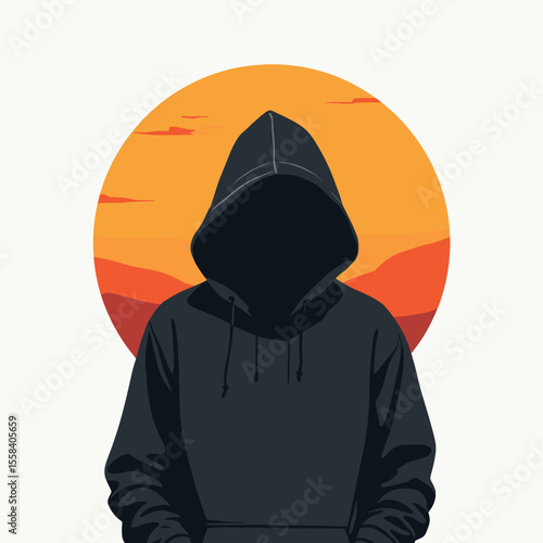 Silhouette of a Person in a Hoodie Against a Sunset Background Vector Illustration