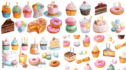 Colorful watercolor desserts collection with cupcakes, donuts, cakes, and pastries. Perfect for birthday designs, menu decor, bakery branding, and party invitations.

