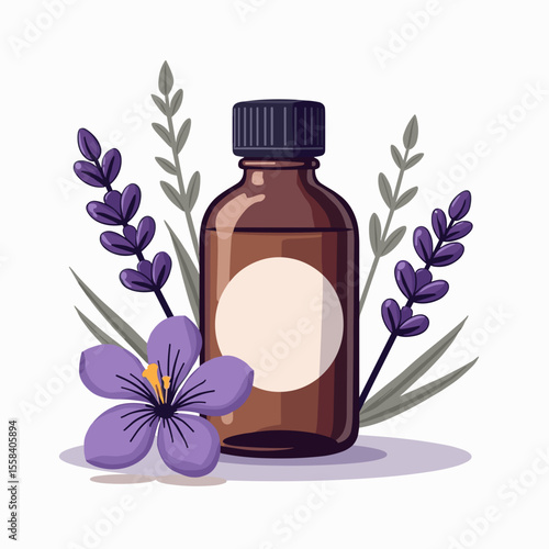 Aromatic Essential Oil Bottle with Lavender and Purple Flower Illustration for Wellness and Relaxation, Promoting Natural Remedies