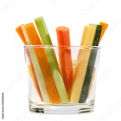 Assortment of fresh vegetable sticks in a clear glass isolated on transparent background