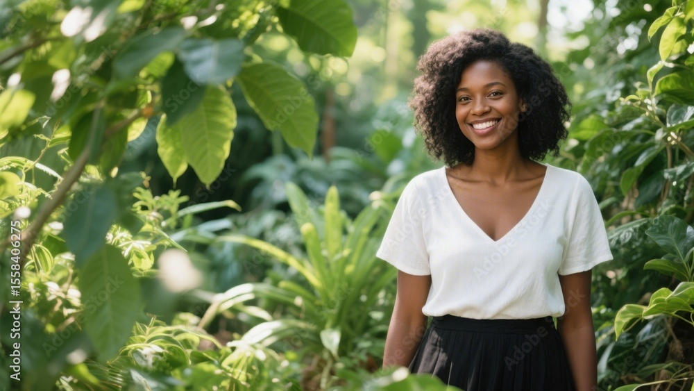 A black lady stands in a lush natural environment, with a bright smile, conveying a relaxed and pleasant atmosphere. A black lady stands in a lush natural environment, with a bright smile, conveying a relaxed and pleasant atmosphere.
