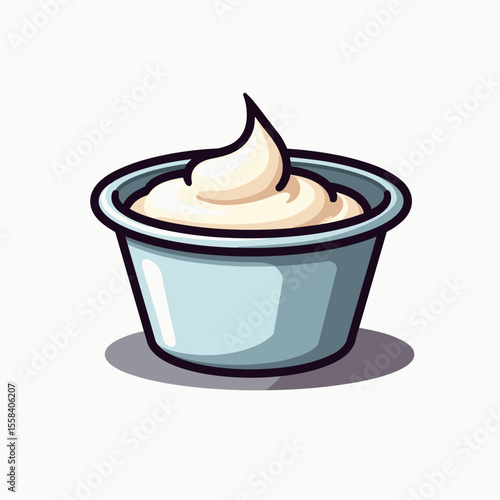 Cartoon Style Illustration of a Small Bowl of Sour Cream or Dip with Clean Lines and Simple Shading