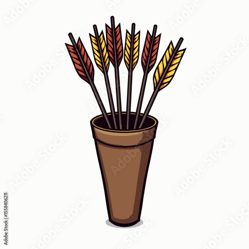 Illustration of a Quiver Full of Arrows with Red and Yellow Fletching, Archery Equipment