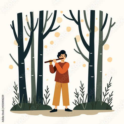 Illustration of a Young Man Playing the Flute in a Forest Clearing with Tall Trees and Glowing Lights