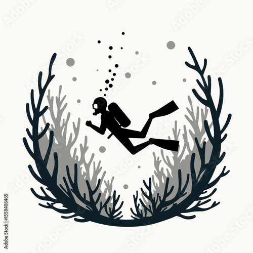 Silhouette of a Scuba Diver Exploring Coral Reefs Underwater, a Marine Adventure Illustration