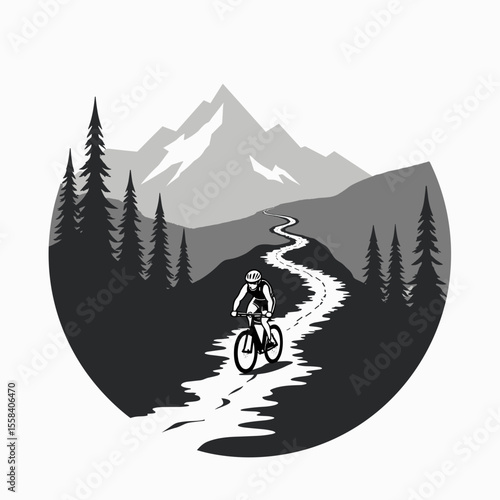 Mountain Biker Riding on a Winding Trail Through a Forest Landscape with Mountain Peaks Illustration