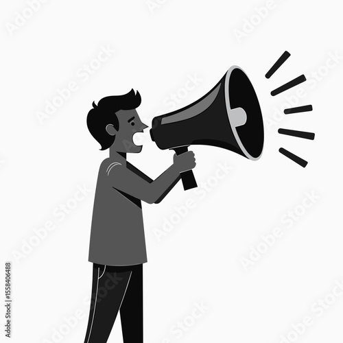 Illustration of a Person Shouting into a Megaphone, Expressing Protest and Making an Announcement