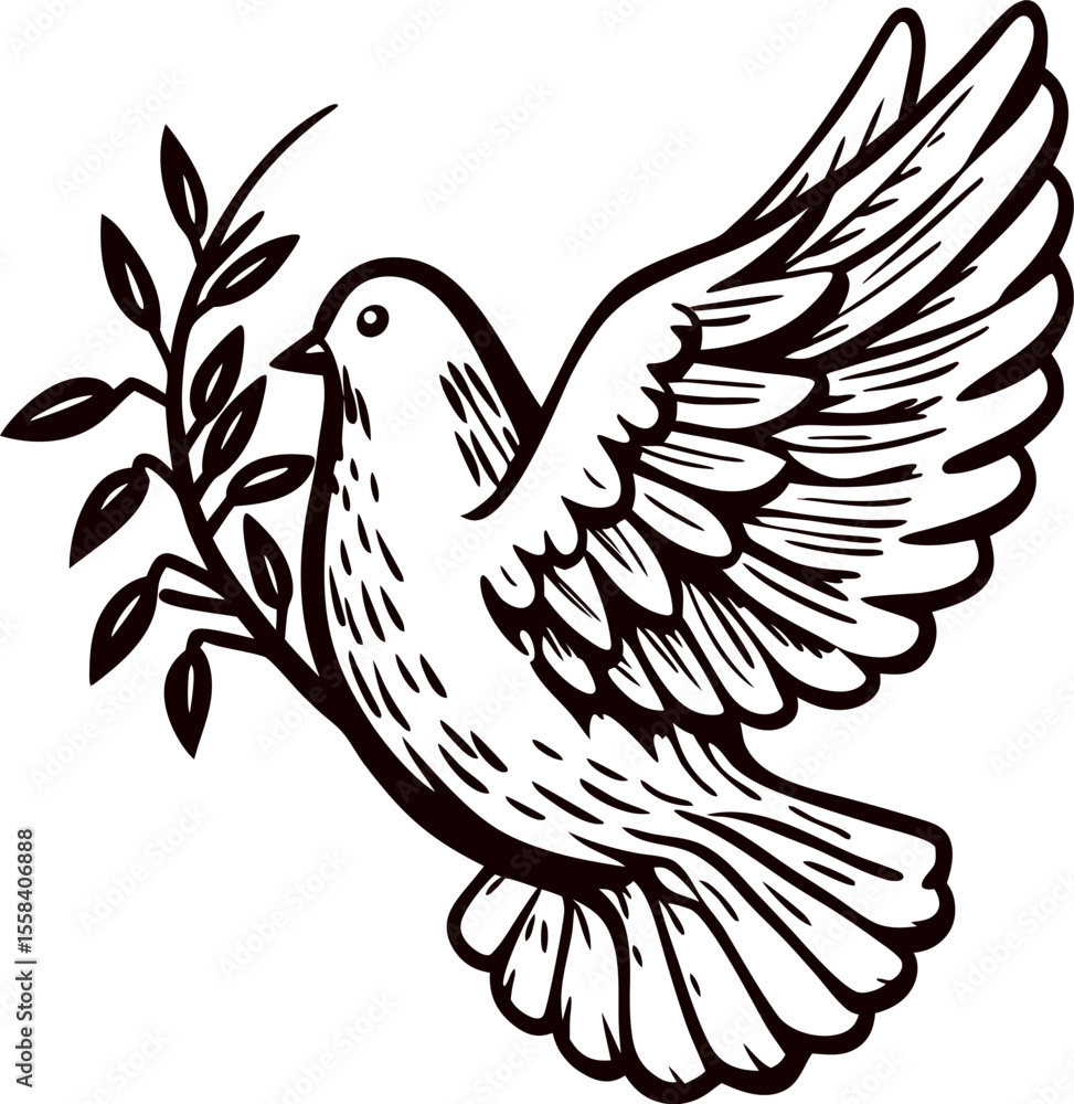 Obraz premium Hand drawn vintage dove with olive branch in beak, detailed sketch bird illustration, symbol of peace