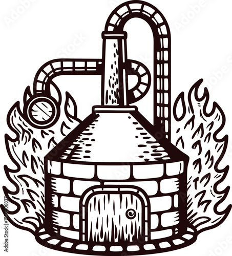Hand drawn copper alembic still with brick structure and flames vintage engraved distillation apparatus illustration