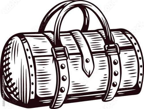 Hand drawn vintage cylindrical leather duffel bag with handles and buckles isolated on white background