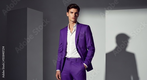 Stylish Male Model in a Vibrant Purple Suit, Posing Confidently Against a Minimalist Grey and White Background. The Image Evokes Sophistication and Modern Style.