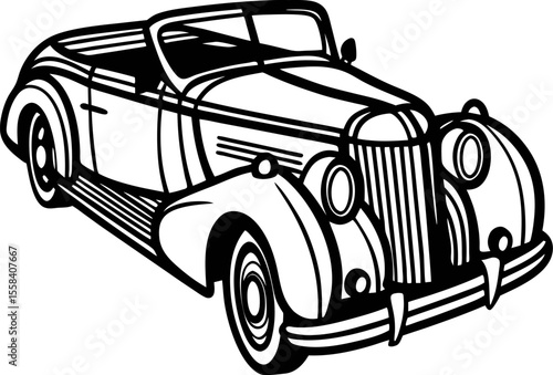 Classic convertible roadster illustration in vintage black and white line art