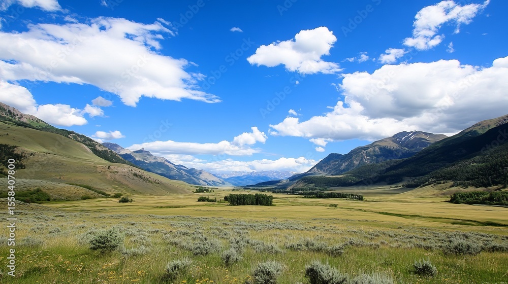 Serene valley landscape under a vibrant blue sky, dotted with fluffy white clouds. Rolling green hills and distant mountains create a picturesque vista Serene valley landscape under a vibrant blue sky, dotted with fluffy white clouds. Rolling green hills and distant mountains create a picturesque vista