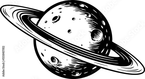 Hand drawn illustration of planet with rings vintage science sketch of celestial saturn like object in space