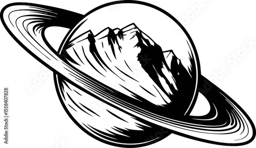 Surreal planet with mountain landscape and ring in black and white minimalist line art cosmic illustration