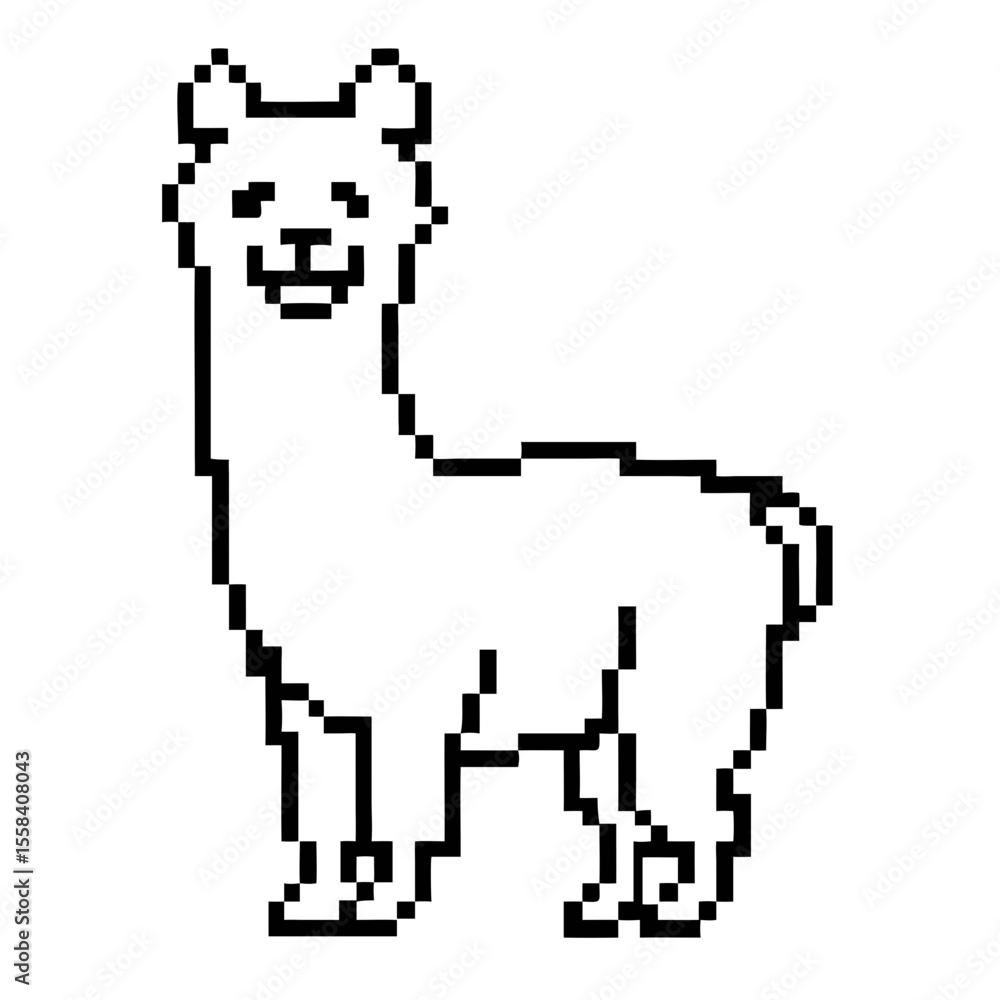 Fototapeta premium Cute pixel outline alpaca standing upright with a friendly expression in simple design