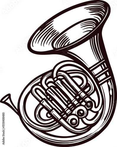 Hand drawn french horn illustration in vintage engraved with intricate lines and detailed musical instrument design