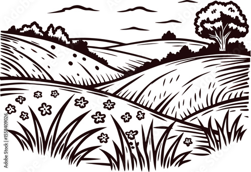 Rolling countryside hills with wildflowers, trees, and clouds hand drawn rural landscape in vintage engraving