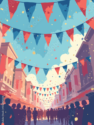 Flat vector illustration of a parade scene with abstract flags and confetti, in bright red, royal blue, white, and a touch of gold