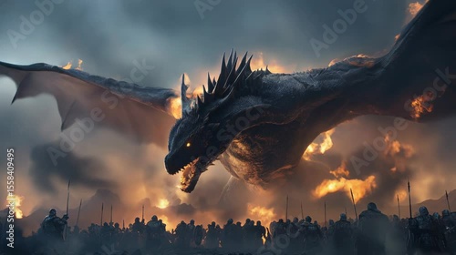 Dragon breathing fire magical soldiers fantasy