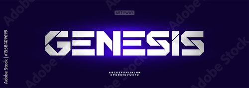Futuristic geometric alphabet, bold cyber font, robotic typographic symbol for sci-fi gaming logo, virtual tech lettering title. Digital techno typographic design. Vector typeset