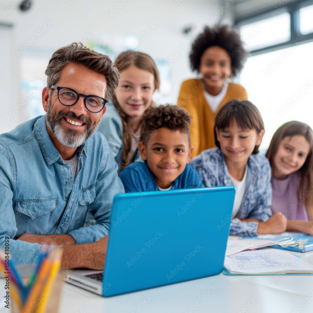 Smiling Man with Students Learning Together Using a Laptop in Classroom Smiling Man with Students Learning Together Using a Laptop in Classroom